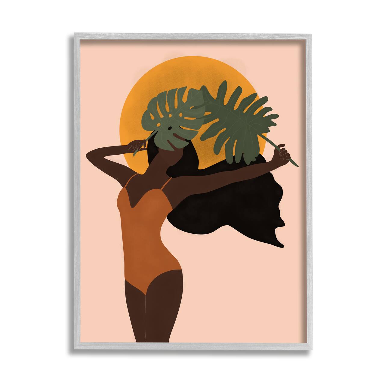 Stupell Industries Female Holding Tropical Monstera Leaf under Sun in Gray Frame Wall Art
